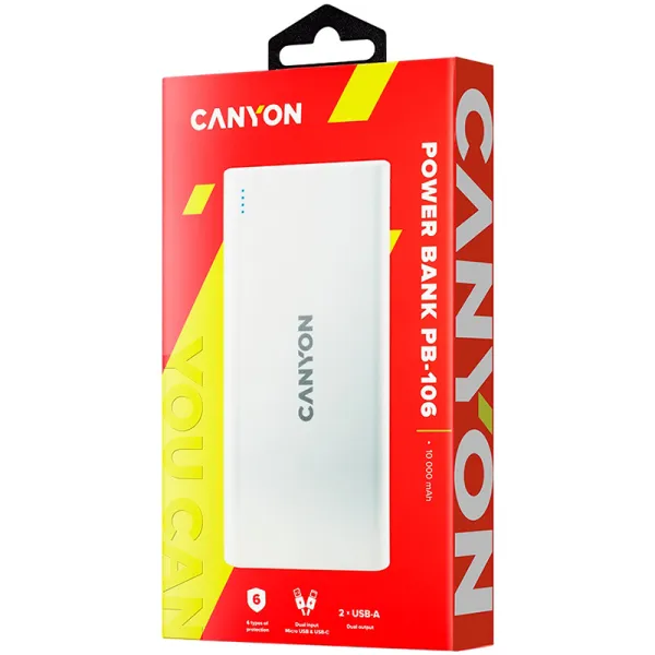 Аккумулятор внешний Power Bank 10000 mAh PB-106, белый Canyon (CNE-CPB1006W) - Фото 1