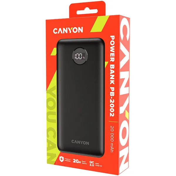 Акумулятор зовнішній Power Bank 20000 mAh PB-2002, чорний Canyon (CNE-CPB2002B) - Фото 1