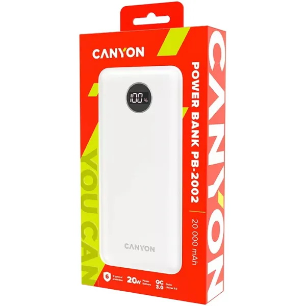 Акумулятор зовнішній Power Bank 20000 mAh PB-2002, білий Canyon (CNE-CPB2002W) - Фото 3