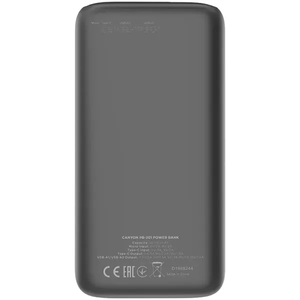 Акумулятор зовнішній Power Bank 30000 mAh PB-301, чорний Canyon (CNE-CPB301B) - Фото 1