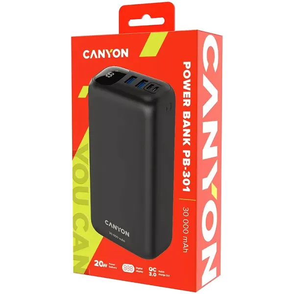Акумулятор зовнішній Power Bank 30000 mAh PB-301, чорний Canyon (CNE-CPB301B) - Фото 3