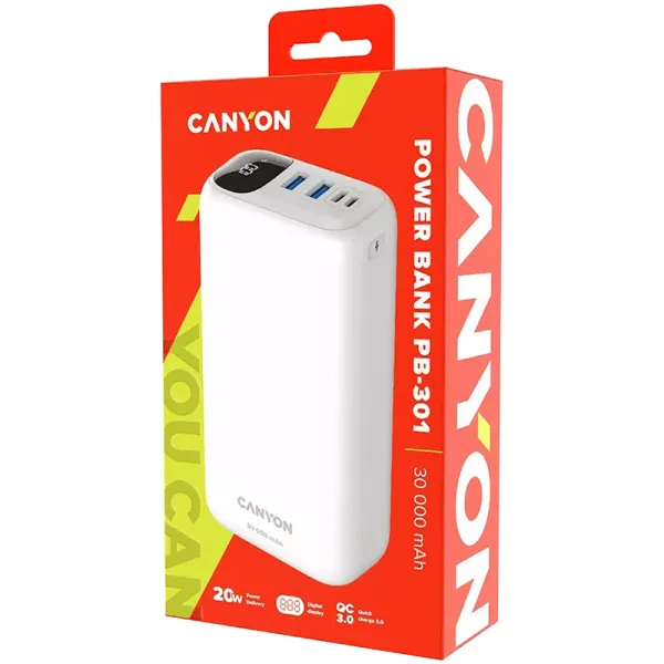 Акумулятор зовнішній Power Bank 30000 mAh PB-301, білий Canyon (CNE-CPB301W) - Фото 2