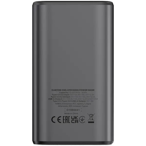 Аккумулятор внешний Power Bank 10000 mAh OnPower 130, темно-серый Canyon (CNE-CPB130DG) - Фото 1