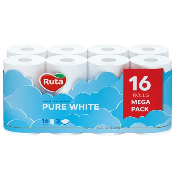 Бумага туалетная Pure White 16 рулоны, 3 слоя, белая Ruta (58768989)