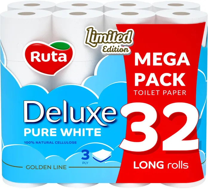 Папір туалетний Pure White Deluxe 32 рулони, 3 шари, білий Ruta (58770311) - Фото 2