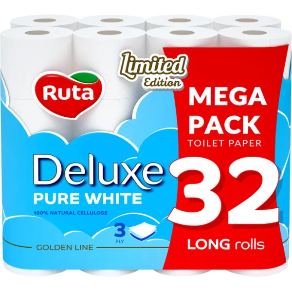 Папір туалетний Pure White Deluxe 32 рулони, 3 шари, білий Ruta (58770311)