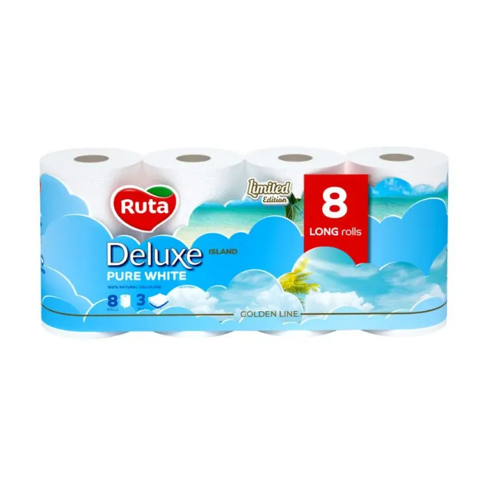 Папір туалетний Pure White Deluxe 8 рулони, 3 шари, білий Ruta (58770174) Папір туалетний Pure White Deluxe 8 рулони, 3 шари, білий Ruta (58770174)