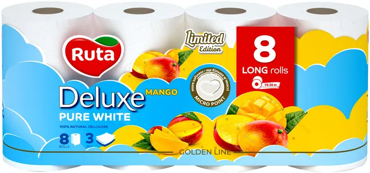 Папір туалетний Pure White Deluxe 8 рулони, 3 шари, білий манго Ruta (58770473) Папір туалетний Pure White Deluxe 8 рулони, 3 шари, білий манго Ruta (58770473)