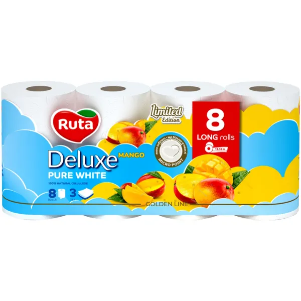 Папір туалетний Pure White Deluxe 8 рулони, 3 шари, білий манго Ruta (58770473)