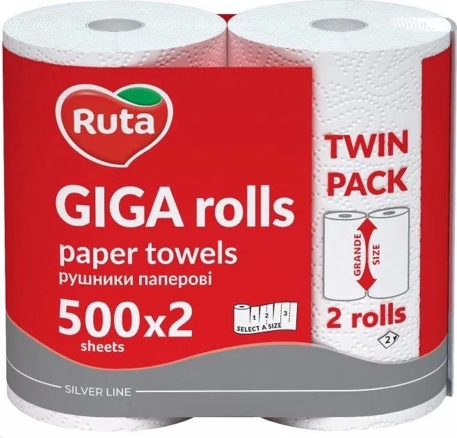 Рушники паперові Giga Rolls 2 рулони, 2 шари, білі Ruta (58769840) - Фото 2