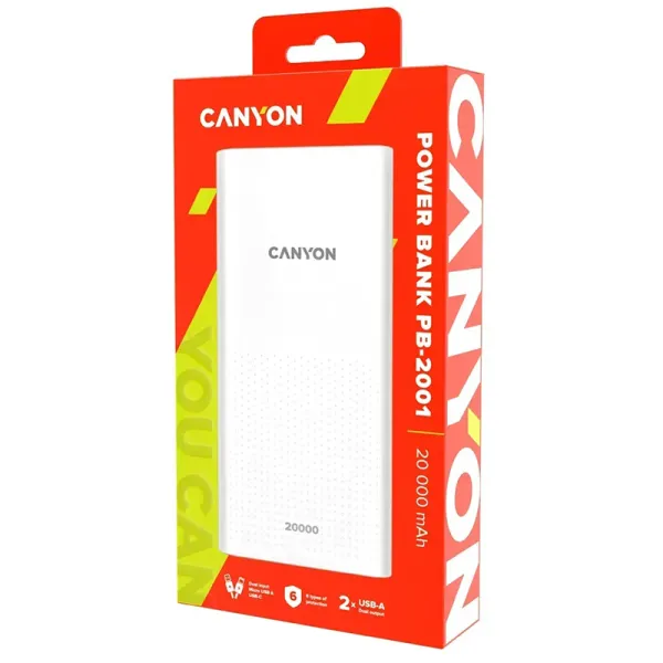 Акумулятор зовнішній Power Bank 20000 mAh PB-2001, білий Canyon (CNE-CPB2001W) - Фото 2