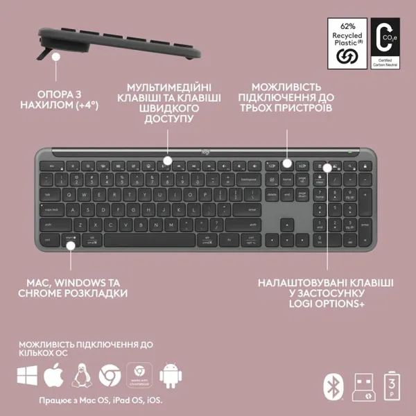 Комплект клавиатура и мышь беспроводной WL/BT MK950 Signature Slim Combo, UA, графитовый Logitech (920-012490) - Фото 5