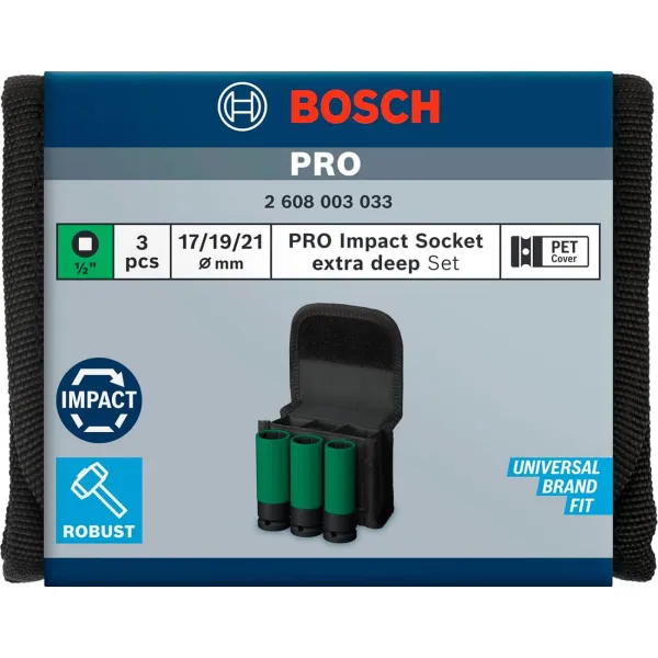 Набор ударных торцевых головок Professional Extra Deep 3шт 1/2" 85мм Bosch (2.608.003.033) - Фото 3
