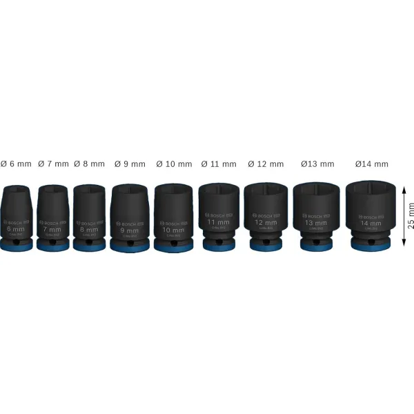 Набор ударных торцевых головок Professional Standart 9шт 1/4" 25мм Bosch (2.608.003.034) - Фото 2
