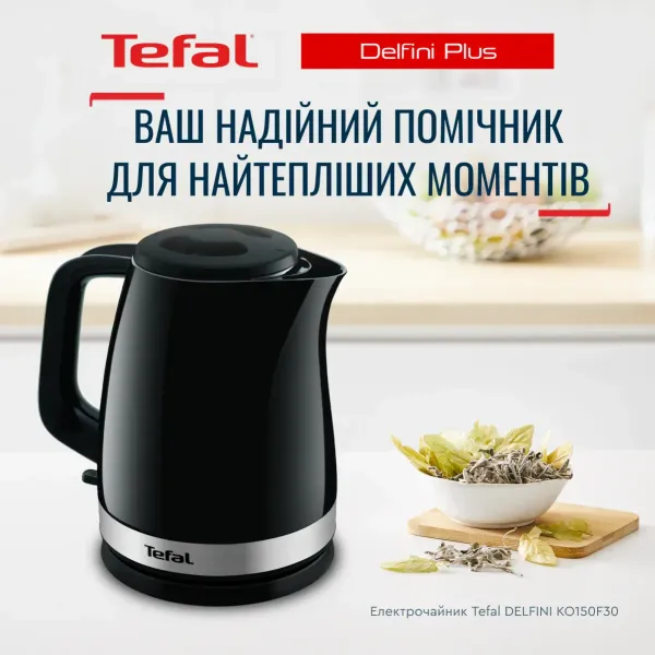 Электрочайник Delfini 1.7л, пластик, серебристо-черныйTefal (KO150F30) - Фото 1