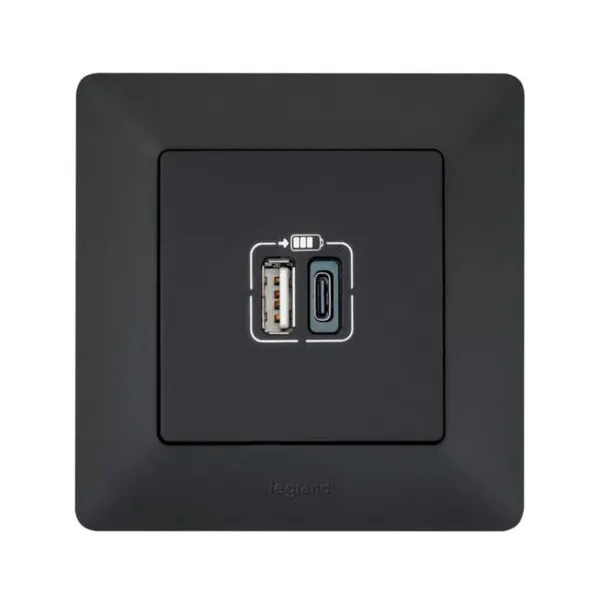 Розетка 1хUSB-A, 1хUSB-C Valena Life, 240V, 5V, 3A, матово-чёрная Legrand (756306) - Фото 1