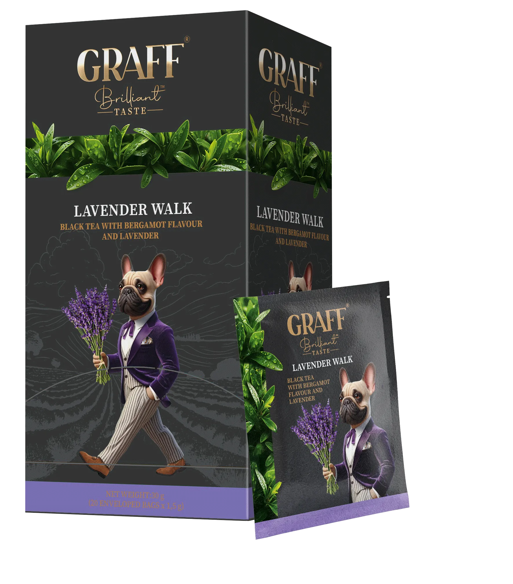 Чай чорний з ароматом лаванди та бергамоту 30 г (1,5 г х 20), сашет, Lavender walk GRAFF (gr.10658) Чай чорний з ароматом лаванди та бергамоту 30 г (1,5 г х 20), сашет, Lavender walk GRAFF (gr.10658)