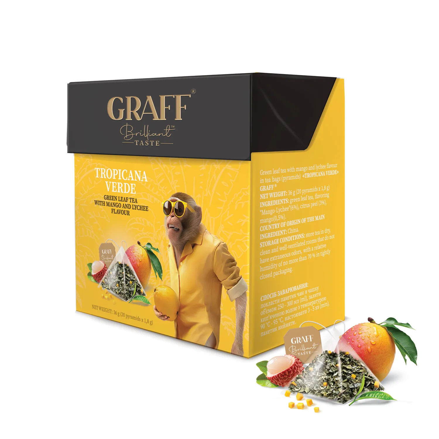 Чай зелений 36 г (1,8 г х 20), пірамідки, Tropicana verde" GRAFF (gr.11112) Чай зелений 36 г (1,8 г х 20), пірамідки, Tropicana verde" GRAFF (gr.11112)