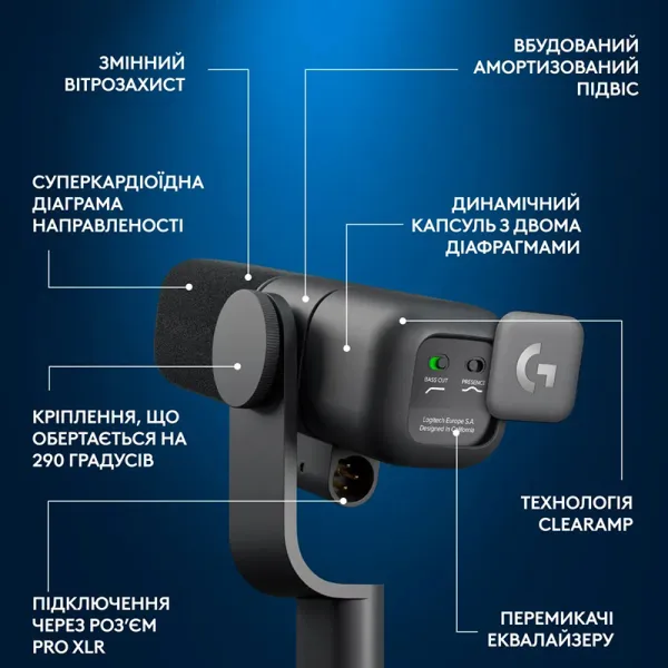 Микрофон XLR G Yeti Studio Active Dynamic, чёрный Logitech (988-000565) - Фото 3