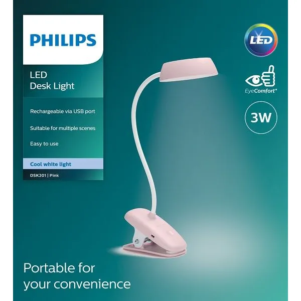 Лампа настольная с аккумулятором 3Вт, 1200мАч, 4000K, USB-A, розовая Donutclip Philips (929003179627) - Фото 2