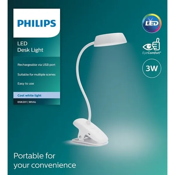 Лампа настольная с аккумулятором 3Вт, 1200мАч, 4000K, USB-A, белая Donutclip Philips (929003179727) - Фото 2