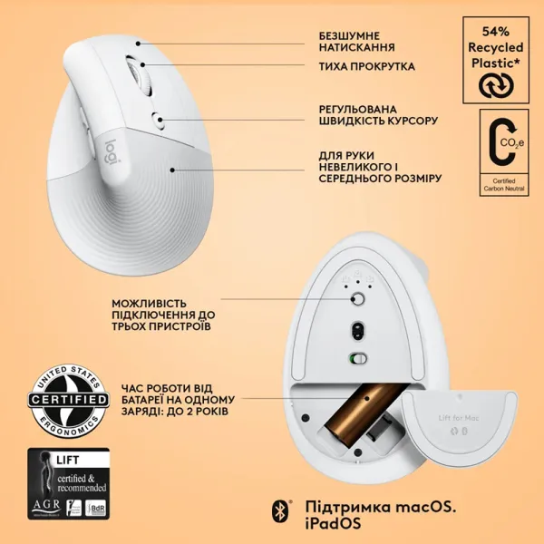 Мышь беспроводная Lift для Mac Vertical Ergonomic, белая Logitech (910-006477) - Фото 4