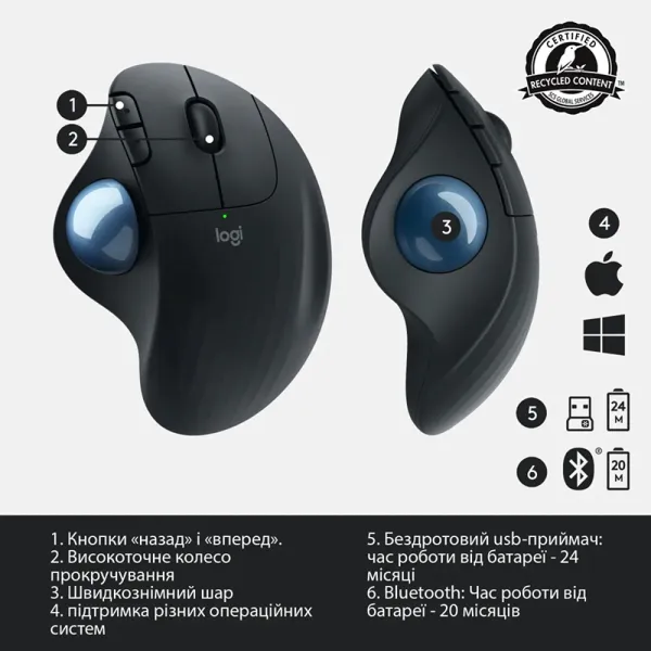 Мышь беспроводная Ergo M575 for Business Trackball, графитовая Logitech (910-006221) - Фото 2