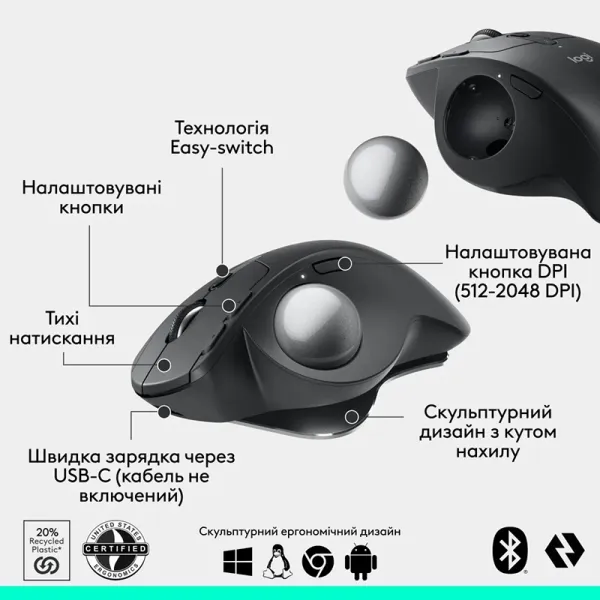 Мышь беспроводная MX Ergo S Trackball, графитовая Logitech (910-007260) - Фото 1