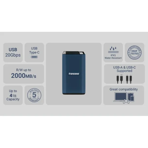 Накопитель портативный SSD 4TB USB 3.2 Gen 2 Type-C Transcend (TS4TESD410C) - Фото 1