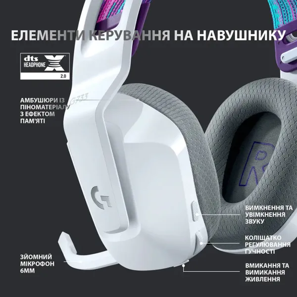 Гарнітура бездротова ігрова G733 Lightspeed, RGB, біла Logitech (981-000883) - Фото 9