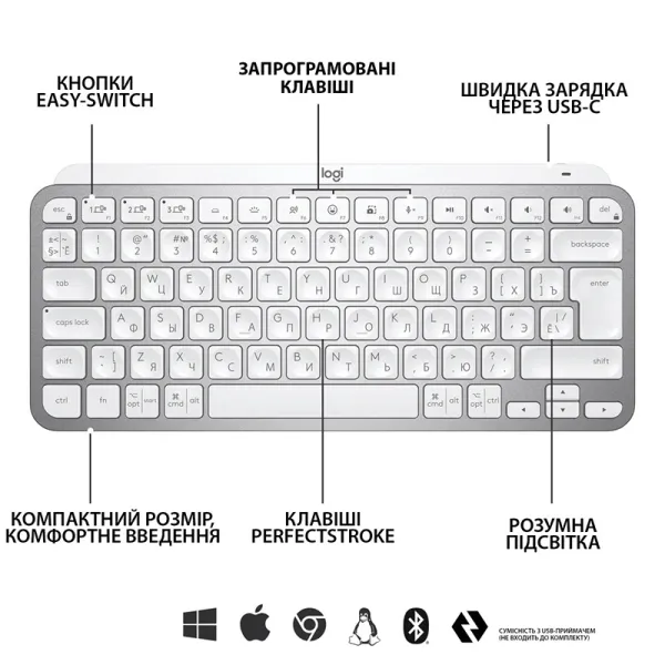Клавиатура беспроводная MX Keys Mini Illuminated, UA, светло-серая Logitech (920-010499) - Фото 1