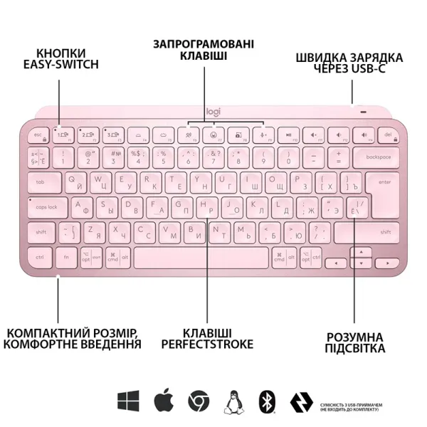 Клавиатура беспроводная MX Keys Mini Illuminated, UA, розовая Logitech (920-010500) - Фото 5