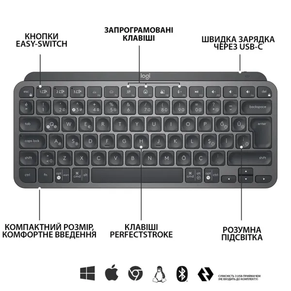 Клавиатура беспроводная MX Keys Mini Illuminated, UA, графитовая Logitech (920-010498) - Фото 2