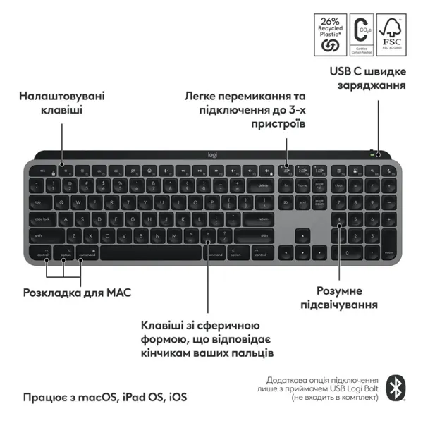 Клавиатура беспроводная MX Keys S для Mac, UA, Space Grey Logitech (920-011637) - Фото 5