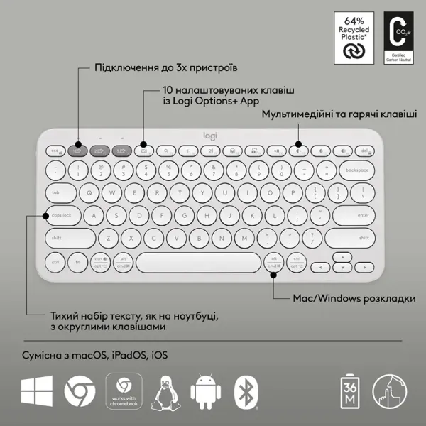 Клавиатура беспроводная Pebble K380s Multi-Device, UA, белая Logitech (920-011852) - Фото 5