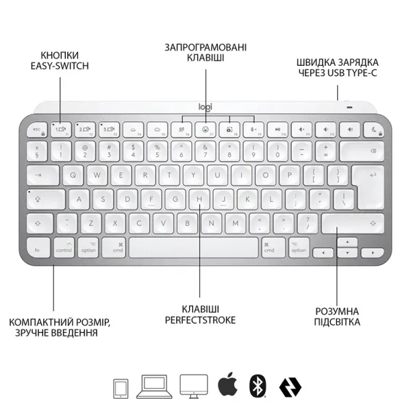 Клавиатура беспроводная MX Keys Mini для Mac Illuminated, UA, светло-серая Logitech (920-010526) - Фото 10