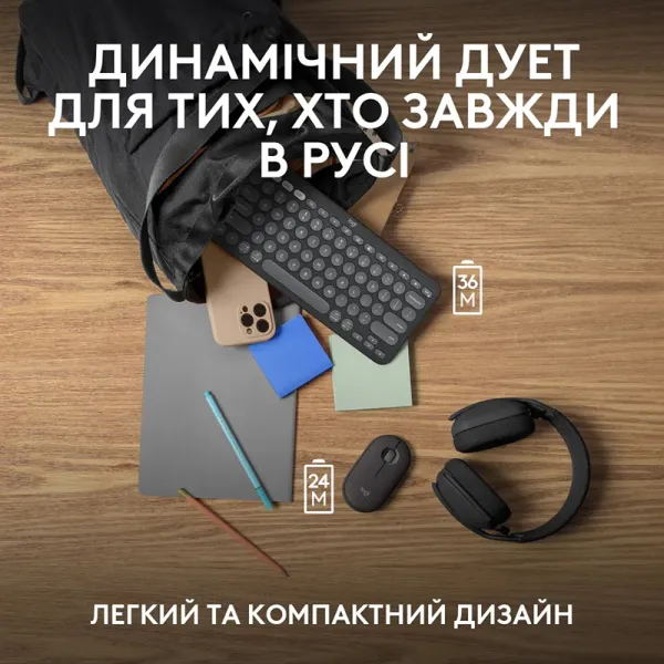 Комплект клавиатура и мышь беспроводной Pebble 2 Combo, UA, графитовый Logitech (920-012239) - Фото 7