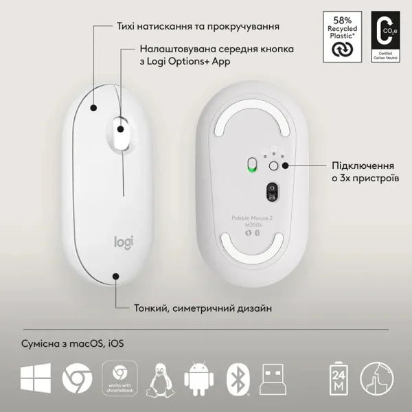 Комплект клавиатура и мышь беспроводной Pebble 2 Combo, UA, белый Logitech (920-012240) - Фото 8