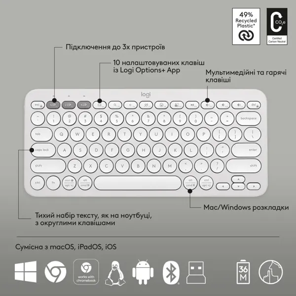 Комплект клавиатура и мышь беспроводной Pebble 2 Combo, UA, белый Logitech (920-012240) - Фото 10