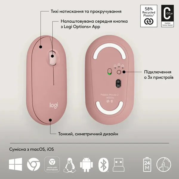 Комплект клавиатура и мышь беспроводной Pebble 2 Combo, UA, розовый Logitech (920-012241) - Фото 7