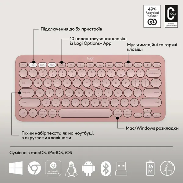 Комплект клавиатура и мышь беспроводной Pebble 2 Combo, UA, розовый Logitech (920-012241) - Фото 9