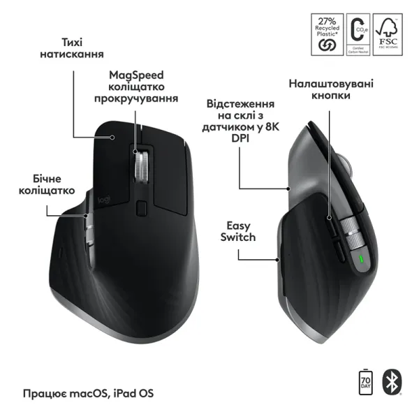 Комплект клавиатура и мышь беспроводной WL/BT MX Keys S Combo для Mac, UA, Space Grey Logitech (920-012845) - Фото 6