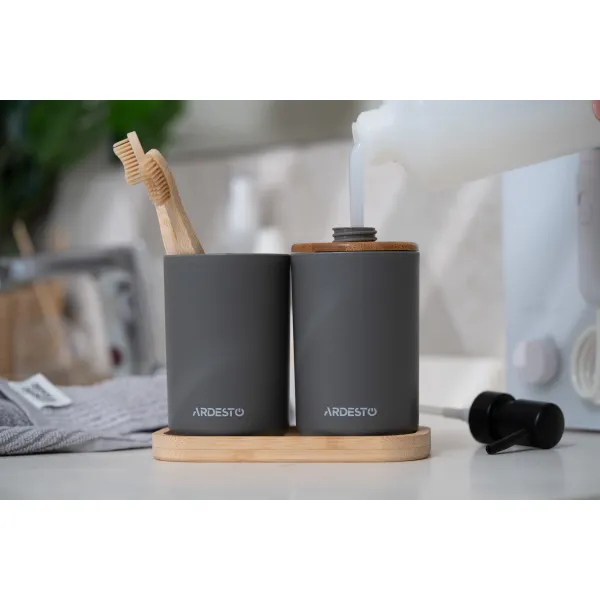 Набор для ванной камины Minimalism 360 мл, 3 предмета, полипропилен, бамбук, серый темный Ardesto (ARHB3110GB) - Фото 4
