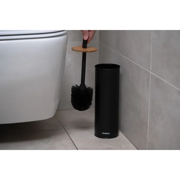 Набір щітка для унітазу з підставкою Minimalism 9.5x27.5/38 см, метал, поліпропілен, бамбук, чорний Ardesto (ARHB3503BB) - Фото 4