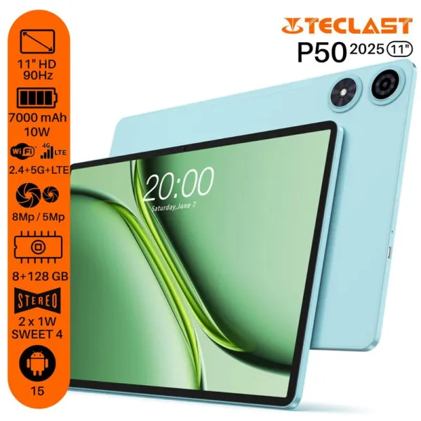 Планшет P50 (2025) 11" 8ГБ, 128ГБ, LTE, 7000мА•год, Android, голубой Teclast (6940709687550) - Фото 1