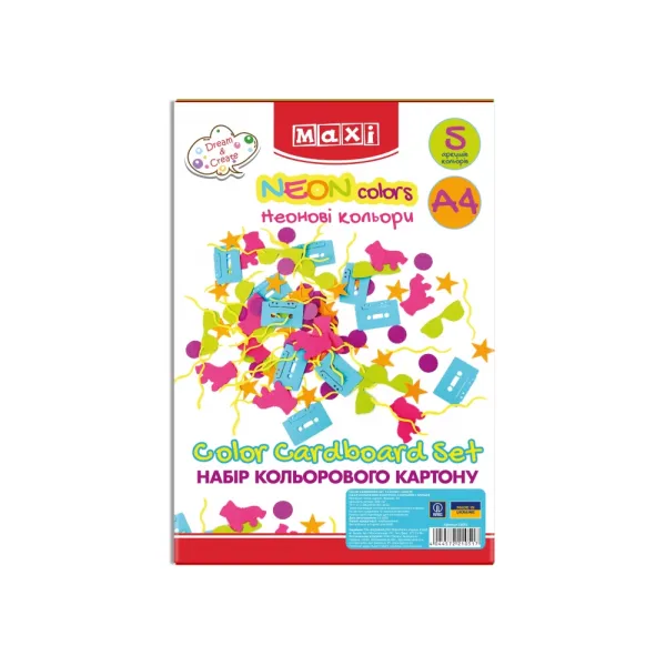 Набор картона цветного Неон, А4, 5 л и цветов, односторонний Maxi (MX21051) - Фото 2