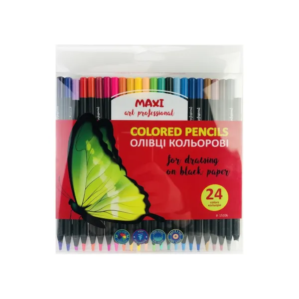 Карандаши цветные 24 шт, круглые, для черной и белой бумаги Maxi (MX15106) - Фото 9