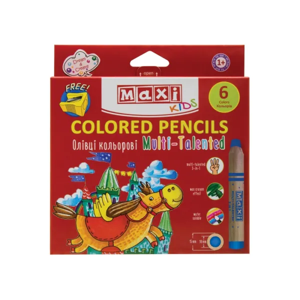 Олівці кольорові Multi-Talented 3 в 1, 6 кольорів з точилкою, круглі Maxi (MX15171) - Фото 1