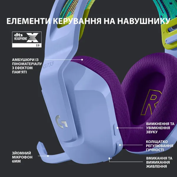Гарнітура бездротова ігрова G733 Lightspeed, RGB, лілова Logitech (981-000890) - Фото 5