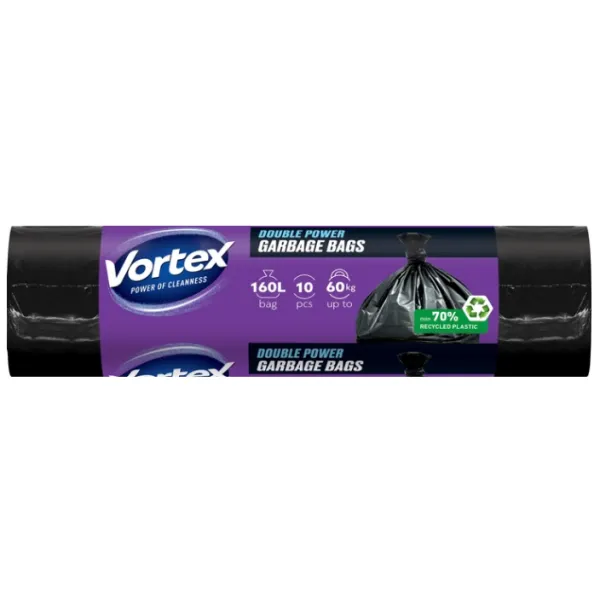 Пакеты для мусора многослойные LDPE 160 л, 10 шт, черные Double Power Vortex (16119721)